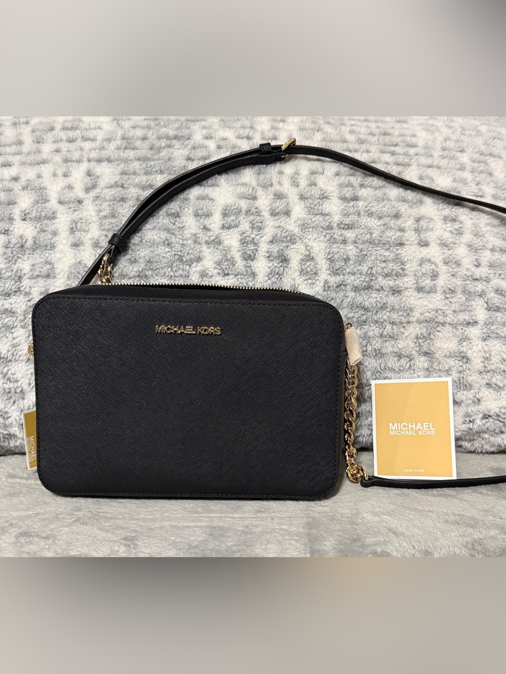 Michael Kors Jet Set Large Black Saffiano Leather Crossbody with Gold Hardware